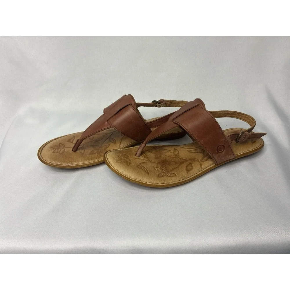 Born Leather Thong Sandals Womens Brown Excellent Floral Embossed Slingback Flat - Picture 3 of 7